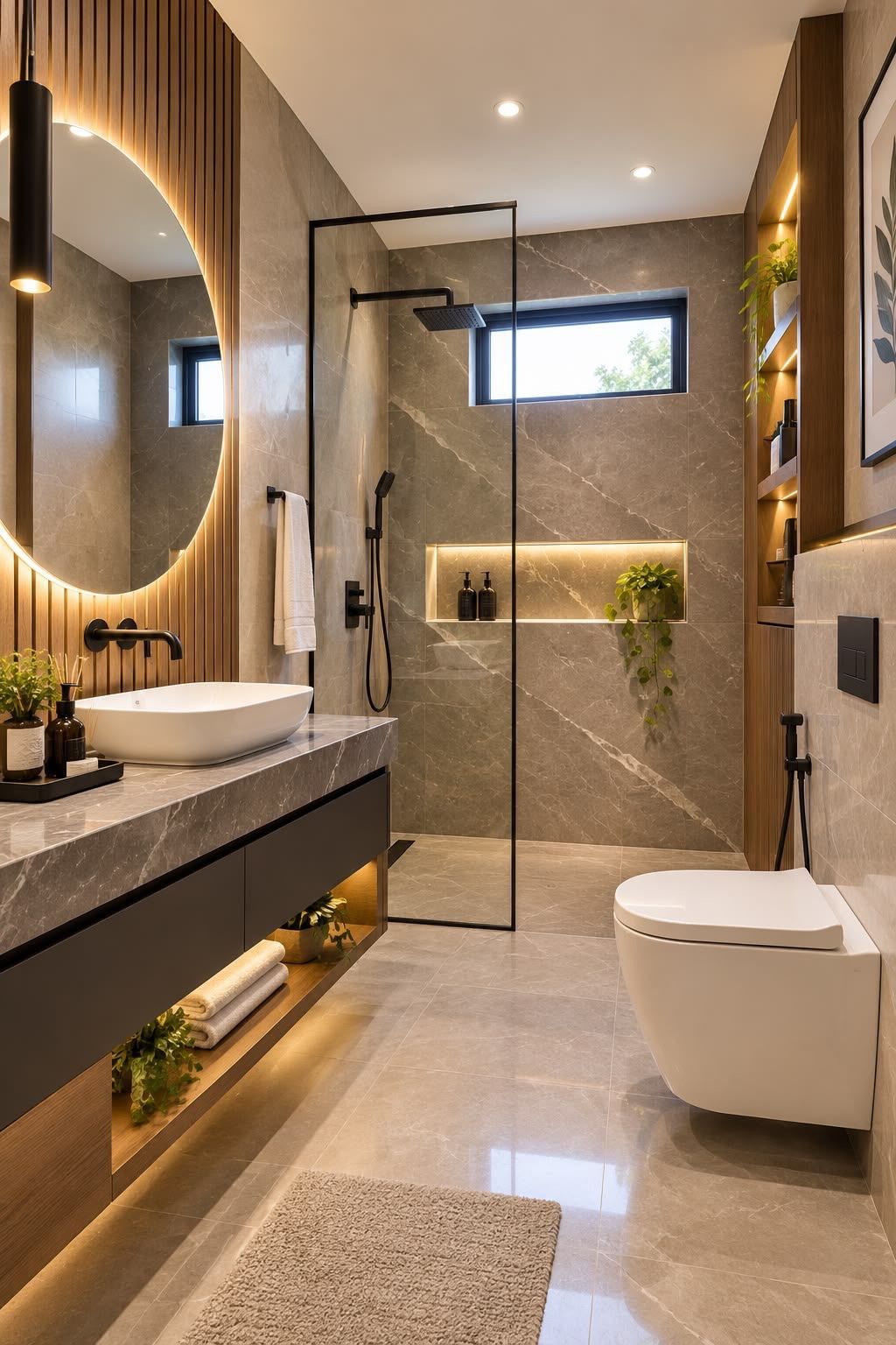 Modernes Bad mit bodengleicher Glasdusche, Waschtisch auf einer Natursteinplatte und wandhängendem WC